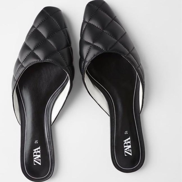 Zara Quilted Slip On Flat Mule Shoes Black NEW